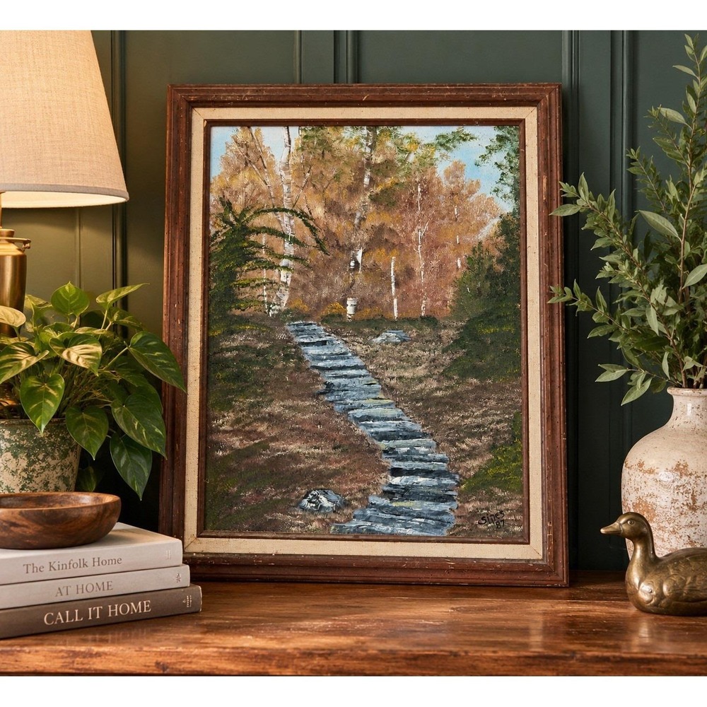 VTG 1987 Original Landscape Painting Signed Sipes Birch Trees Path Framed Canvas